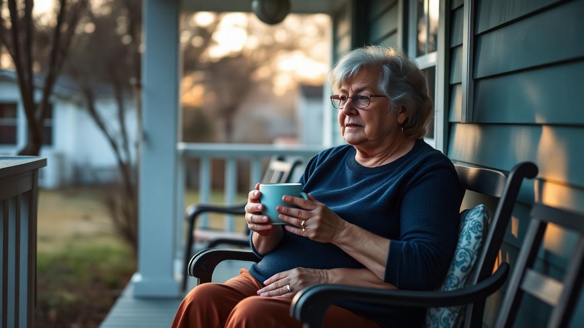 Exhausted family caregiver resting alone on a porch with a cup of tea in early morning light
