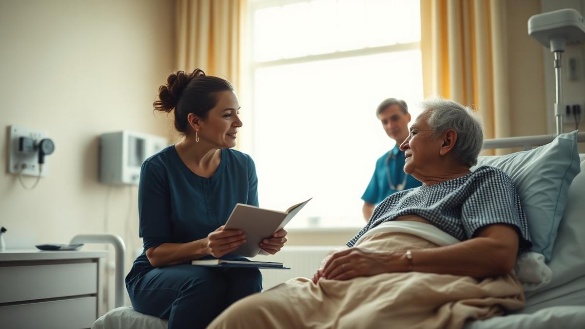 Adult daughter sitting beside her elderly father in a hospital bed, taking notes while a nurse speaks with them about discharge planning