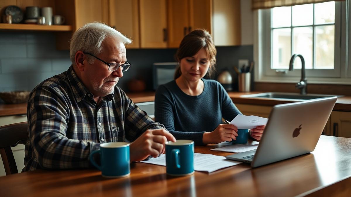 Elderly veteran and his adult daughter reviewing VA Aid and Attendance benefit paperwork at a kitchen table with a laptop
