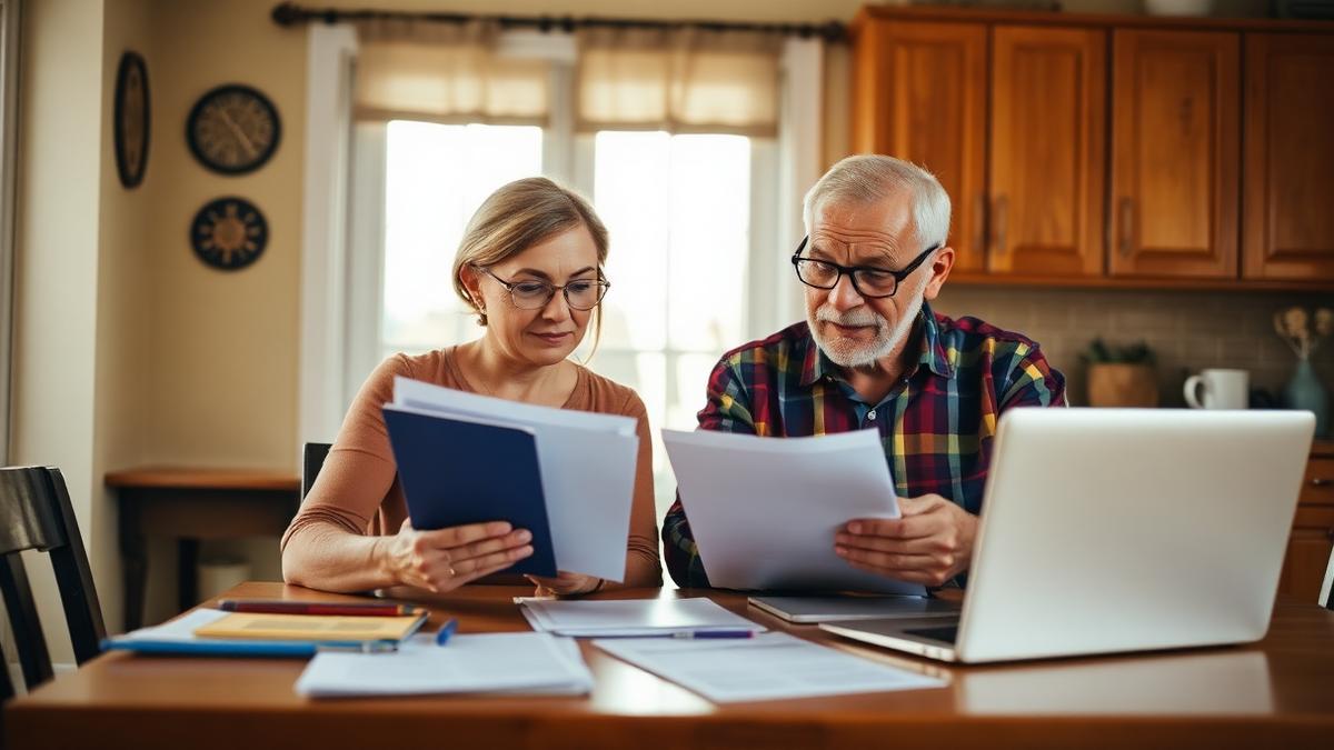 Adult daughter and her elderly veteran father at a kitchen table comparing benefit paperwork and forms on a laptop