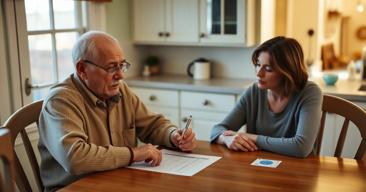 An older veteran and his adult daughter sitting at a kitchen table reviewing a VA examination form together